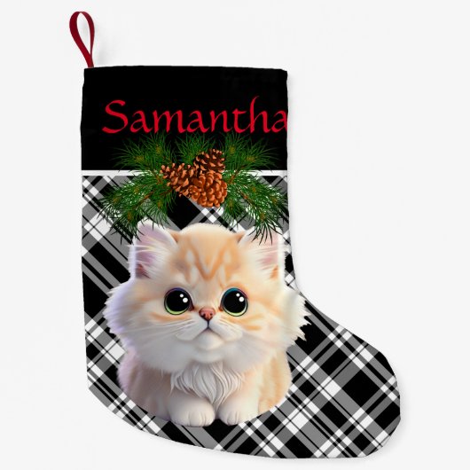 Schattige Kat zwart wit plaid met dennenappel Kleine Kerstsok (Voorkant)