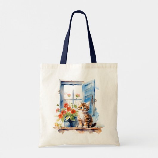 Schattige katje bij raam bloemen kat Waterverf kun Tote Bag (Achterkant)