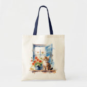 Schattige katje bij raam bloemen kat Waterverf kun Tote Bag (Voorkant)
