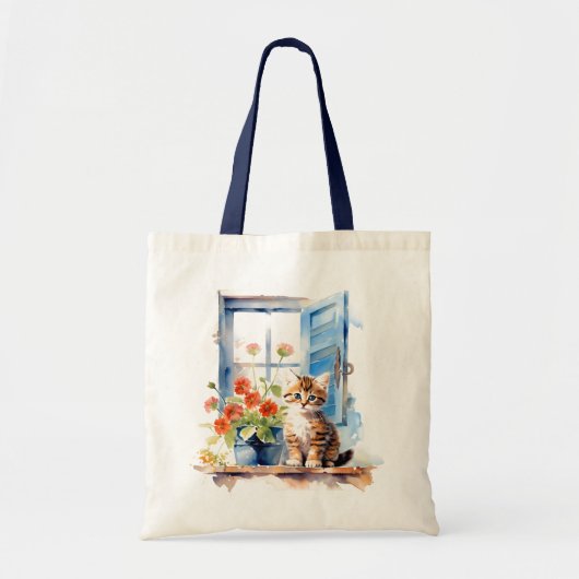 Schattige katje bij raam bloemen kat Waterverf kun Tote Bag (Voorkant)