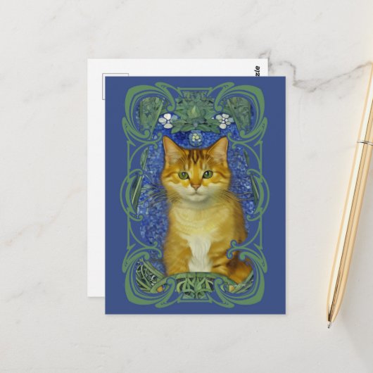 Schattige katje in Art Nouveau stijl Briefkaart (Voorkant / Achterkant in situ)