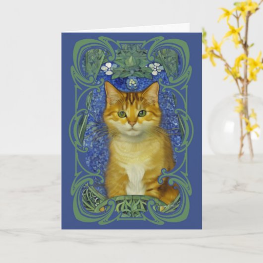 Schattige katje in  Art Nouveau stijl Kaart (Gele Bloem)