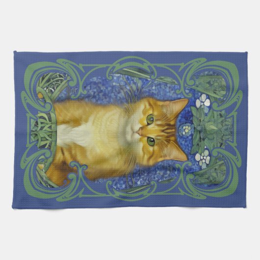 Schattige katje in  Art Nouveau stijl Theedoek (Horizontaal)
