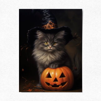 Schattige katje met pompoen, Victoriaans Halloween Feestdagenkaart
