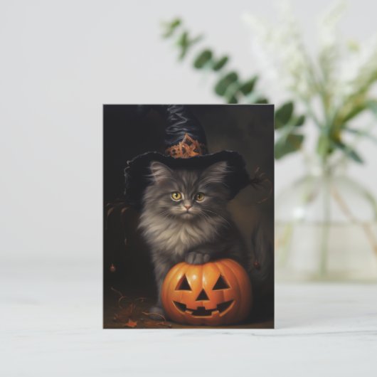 Schattige katje met pompoen, Victoriaans Halloween Feestdagenkaart (Staand voorkant)