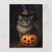 Schattige katje met pompoen, Victoriaans Halloween Feestdagenkaart (Voorkant)