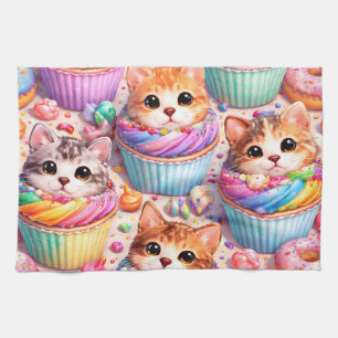 Schattige katjes en cupcakes, keukendoek, regenboo theedoek