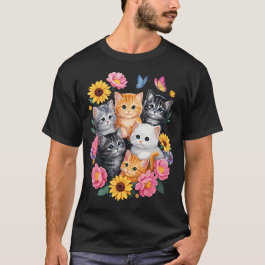 Schattige Katten Bloem Bloemstuk T-shirt (Voorkant)