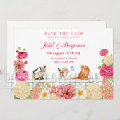 Schattige katten bloemen bruiloft save the date (Voorkant / Achterkant)