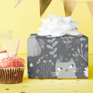 Schattige Katten Botanisch Bloemmotief Grijs Wit Cadeaupapier