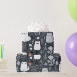 Schattige Katten Botanisch Bloemmotief Grijs Wit Cadeaupapier