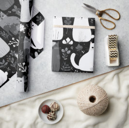 Schattige Katten Botanisch Bloemmotief Grijs Wit Cadeaupapier