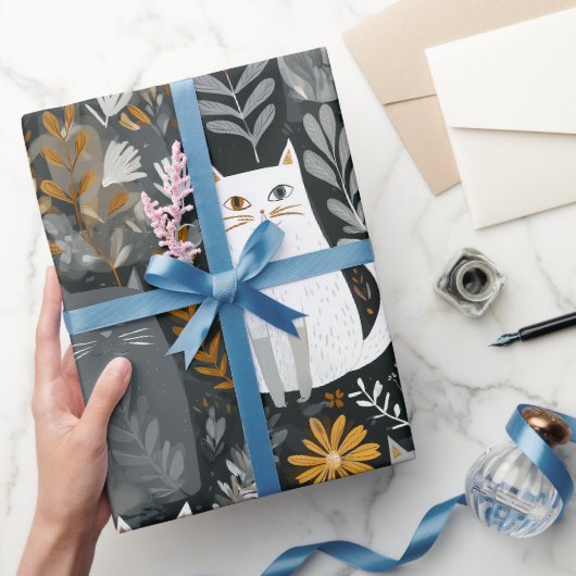 Schattige katten botanisch bloempatroon grijs wit cadeaupapier (Geschenken)