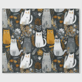Schattige katten botanisch bloempatroon grijs wit cadeaupapier (Vlak)