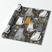 Schattige katten botanisch bloempatroon grijs wit cadeaupapier (Uitgerold)