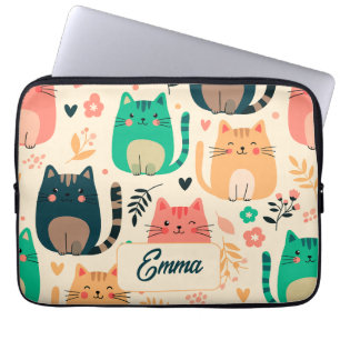 Schattige katten en bloempatroon op maat gemaakte laptop sleeve