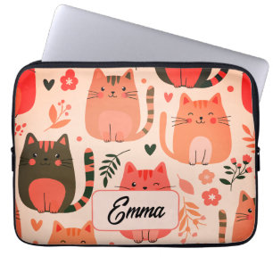 Schattige katten en bloempatroon op maat gemaakte laptop sleeve