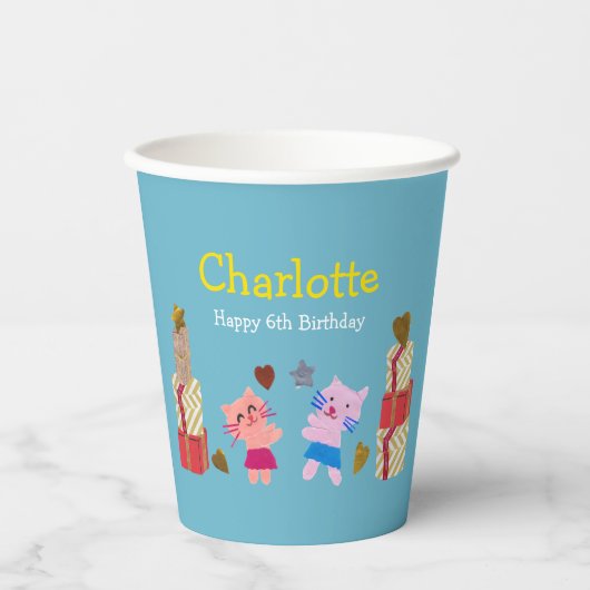 Schattige Katten en Cadeaus Kinder Blauwe Verjaard Papieren Bekers (Voorkant)