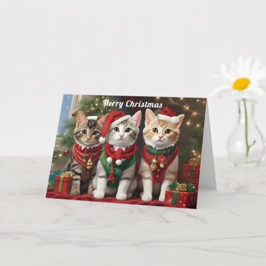 Schattige katten met kerstmannenmutsen Whimsical Kaart (Kleine Plant)
