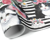 Schattige katten roze rozen en zwarte strepen cadeaupapier (Rol Hoek)