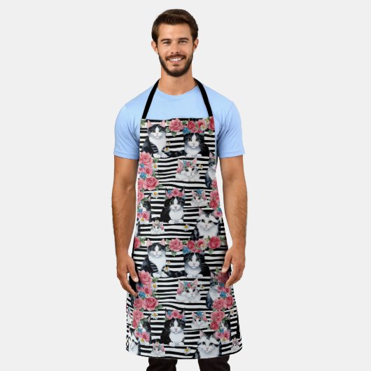 Schattige katten roze rozen en zwarte strepen schort (Gedragen)