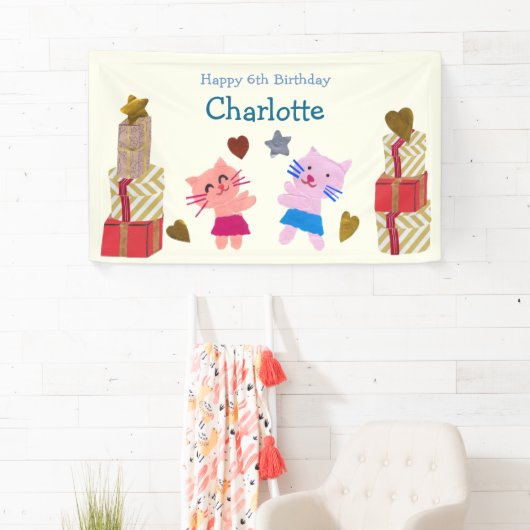 Schattige Katten-thema Kids Verjaardag Lichtgeel Spandoek (Insitu)