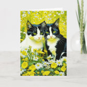 Schattige katten zitten in Daisies Happy Birthday Kaart (Voorkant)