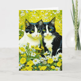 Schattige katten zitten in Daisies Happy Birthday Kaart