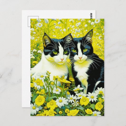 Schattige katten zitten in een veld van Daisies Briefkaart (Voorkant / Achterkant)