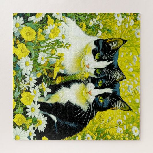 Schattige katten zitten in een veld van Daisies Legpuzzel (Horizontaal)