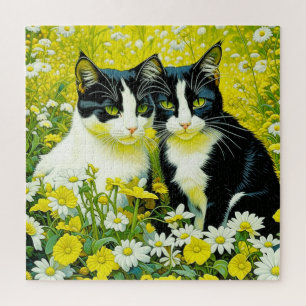 Schattige katten zitten in een veld van Daisies Legpuzzel