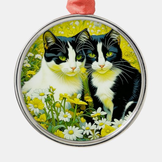 Schattige katten zitten in een veld van Daisies Metalen Ornament (Voorkant)