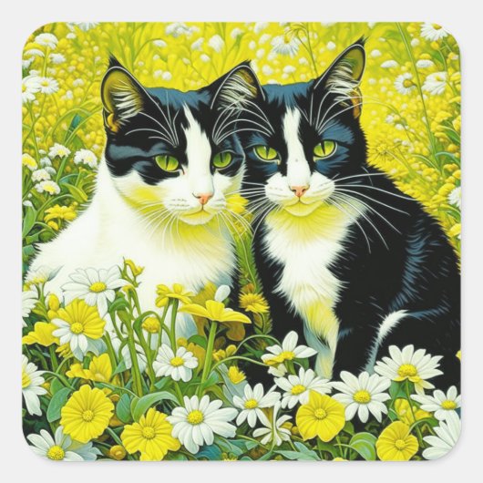 Schattige katten zitten in een veld van Daisies Vierkante Sticker (Voorkant)