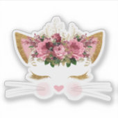 Schattige kattengezicht met roze bloemen vinyl sticker (Voorkant)