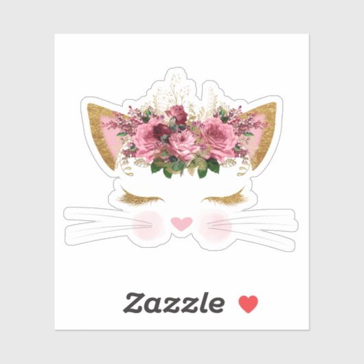 Schattige kattengezicht met roze bloemen vinyl sticker (Vel)