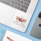Schattige kattengezicht met roze bloemen vinyl sticker (Laptop met iPhone)