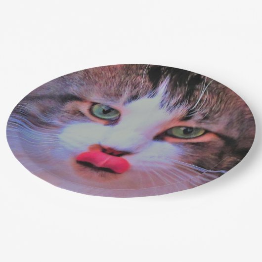Schattige kattenkat met roze tongschoppen papieren bordje (Gekanteld)
