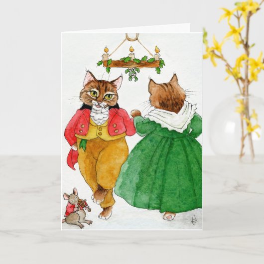 Schattige kattenkoppel muis kerstdans kaart (Gele Bloem)