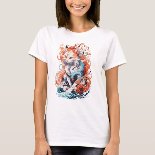 Schattige kattenontwerp in neo traditionele stijl t-shirt (Voorkant)