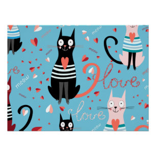 Schattige kattenpatroon op een blauwe achtergrond perfect poster