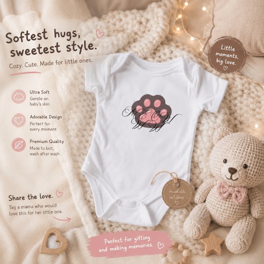 Schattige Kattenpoot "MEOW" Calligrafie – Aardige Romper