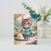 Schattige kattenwandeling in het park met koffie briefkaart (Staand voorkant)