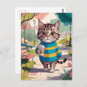 Schattige kattenwandeling in het park met koffie briefkaart (Voorkant / Achterkant)
