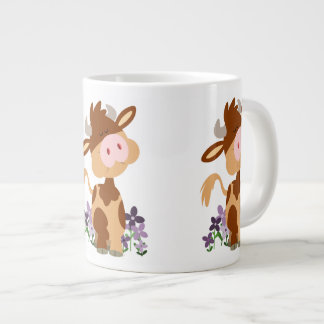 Schattige kauwende cartoon koe grote koffiekop