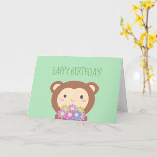 Schattige Kawaii Aap en Bloemen Gelukkig Verjaarda Kaart