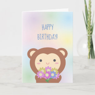 Schattige Kawaii Aap en Bloemen Gelukkig Verjaarda Kaart