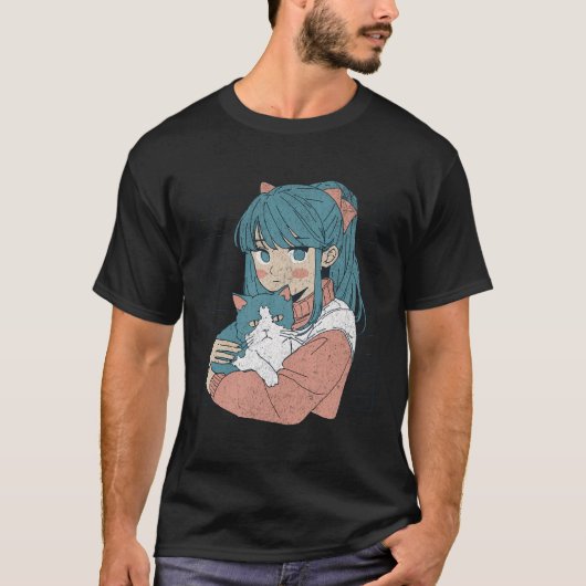Schattige Kawaii Anime Meisje Met Kat Kat Manga Ja T-shirt (Voorkant)
