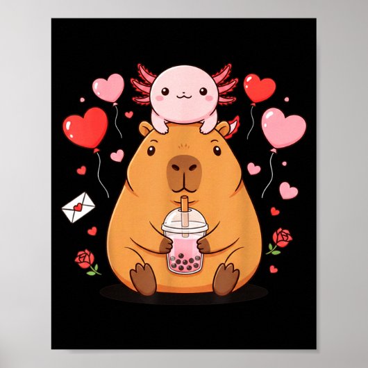 Schattige Kawaii Axolotl Capybara Bubble Tea Jonge Poster (Voorkant)