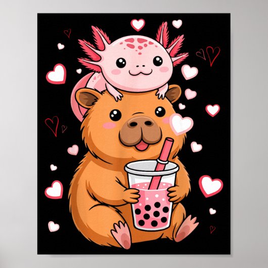 Schattige Kawaii Axolotl Capybara Bubble Tea Jonge Poster (Voorkant)
