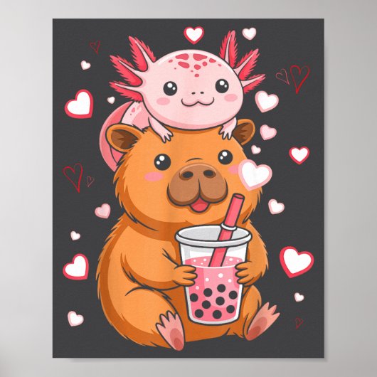Schattige Kawaii Axolotl Capybara Bubble Tea Jonge Poster (Voorkant)